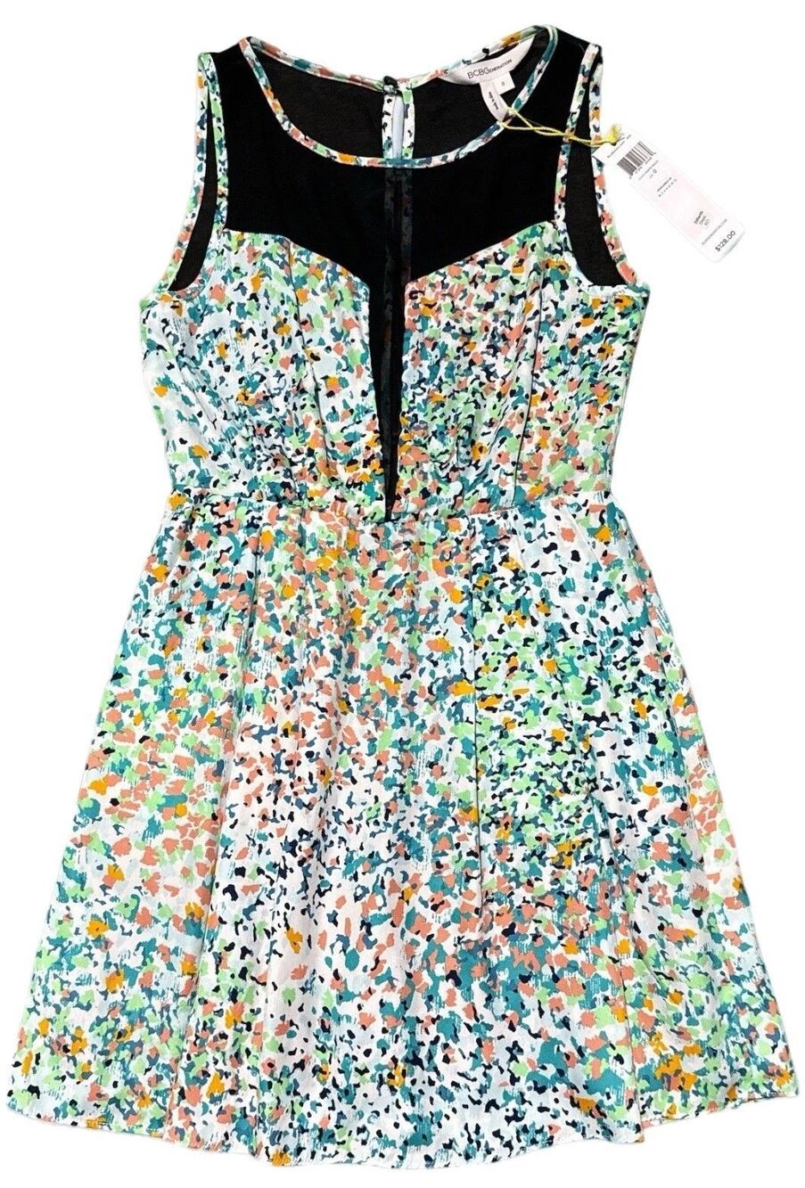 BCBGeneration Dress Womens Size 0 A-Line Mini Multicolor Floral Mesh V Neck NWT